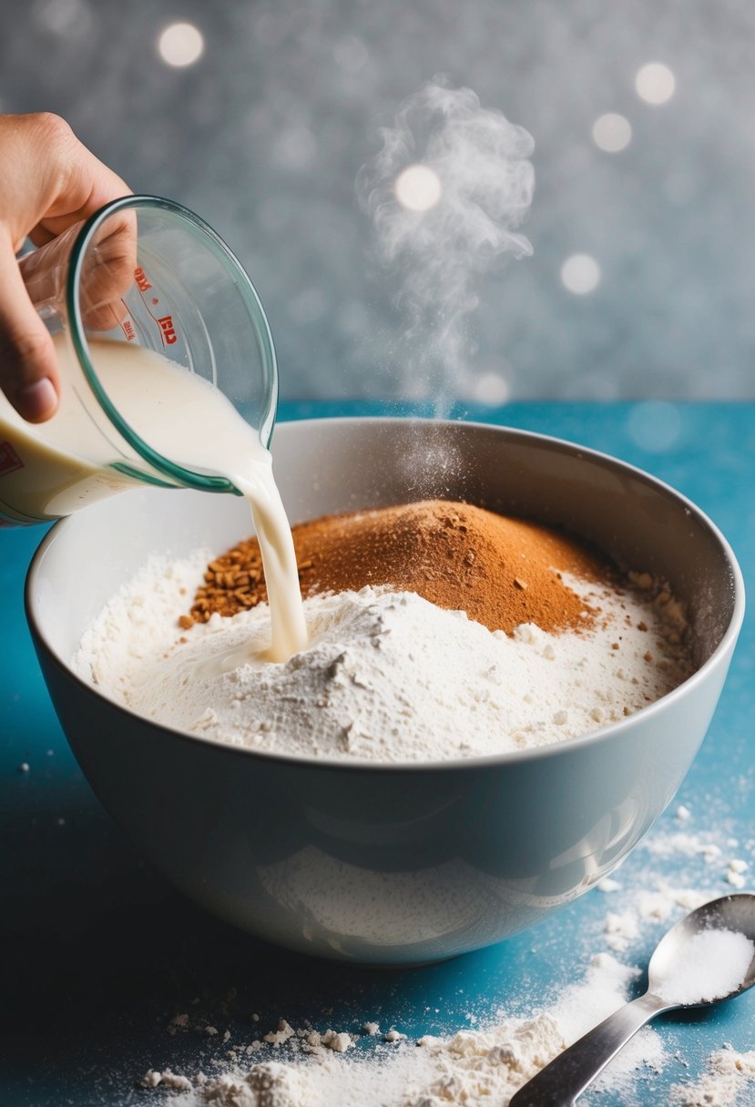 A mixing bowl filled with flour, sugar, and cinnamon. A hand pouring milk into the bowl. A cloud of flour in the air