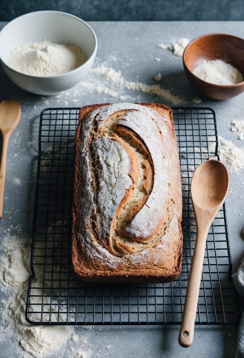 A rustic kitchen counter with a freshly baked No-Knead Artisan Loaf cooling on a wire rack, surrounded by scattered flour, a mixing bowl, and a wooden spoon