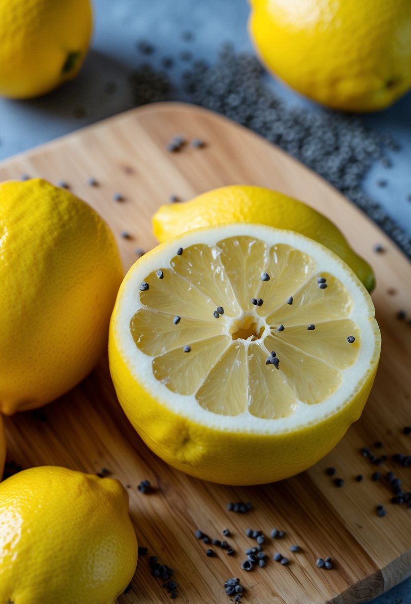 A bright yellow lemon with poppy seeds scattered around it on a wooden cutting board, surrounded by fresh lemons and a few scattered poppy seeds