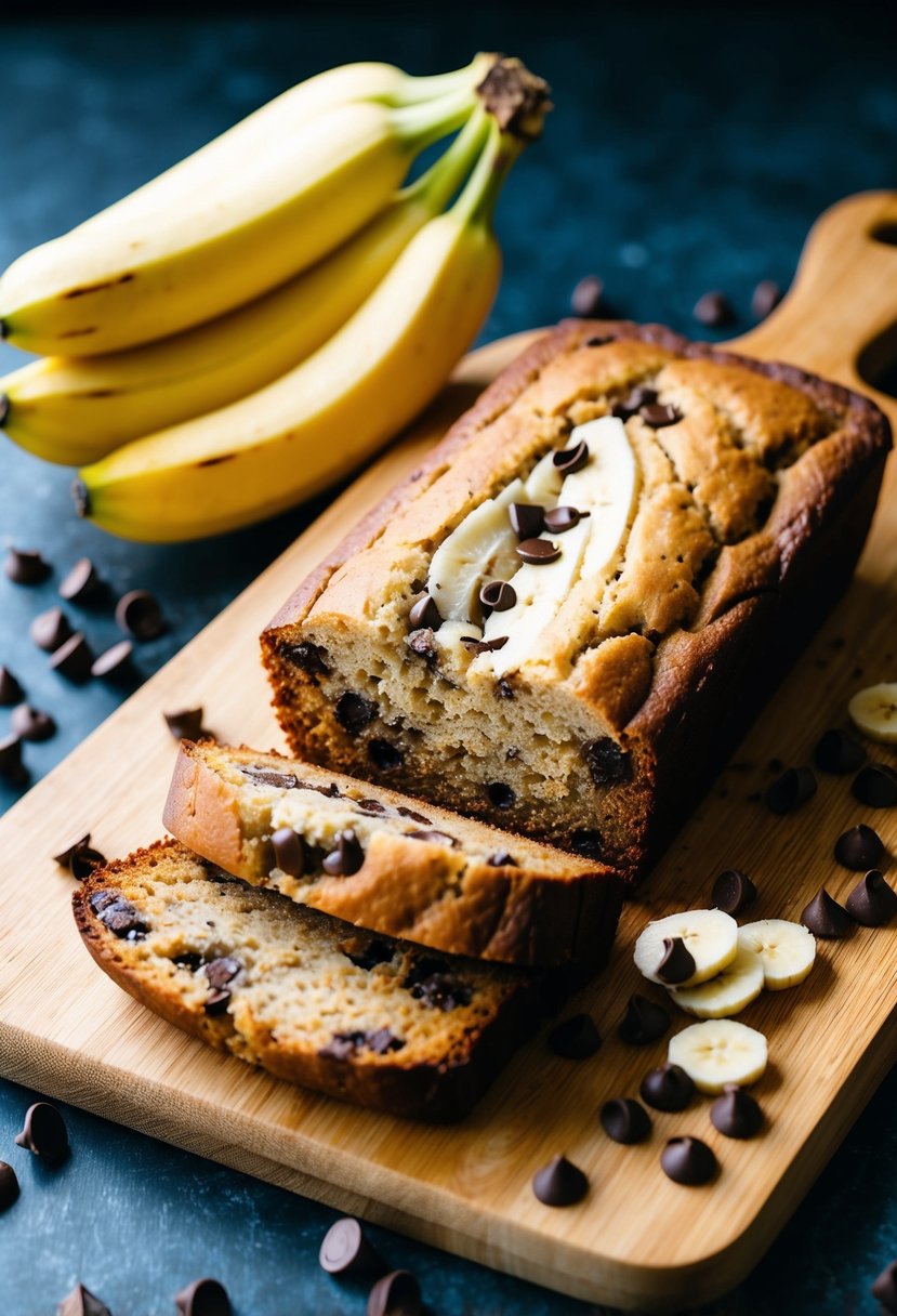 A loaf of moist banana chocolate chip bread on a wooden cutting board, surrounded by scattered chocolate chips and a bunch of ripe bananas