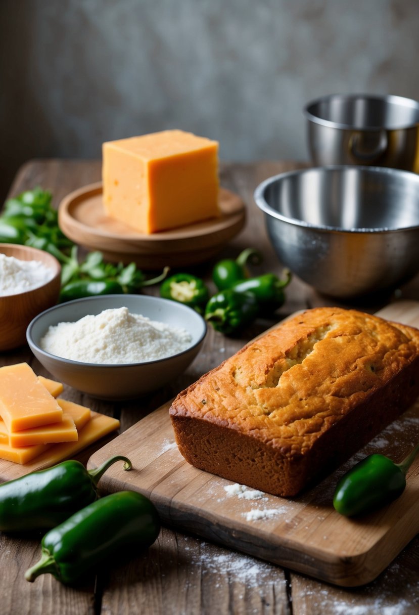 A rustic kitchen with a wooden table filled with ingredients like cheddar cheese, jalapeños, and flour, along with a mixing bowl and a loaf of freshly baked savory cheddar jalapeño bread