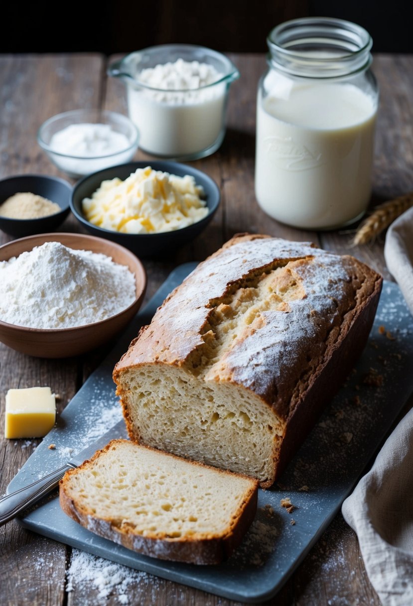 A rustic kitchen table with a freshly baked loaf of Irish soda bread, surrounded by ingredients such as flour, buttermilk, and baking soda