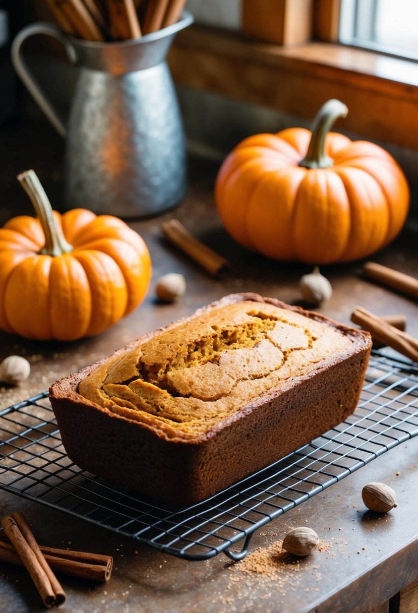 A rustic kitchen counter with a freshly baked pumpkin spice loaf cooling on a wire rack, surrounded by scattered cinnamon sticks and whole nutmeg