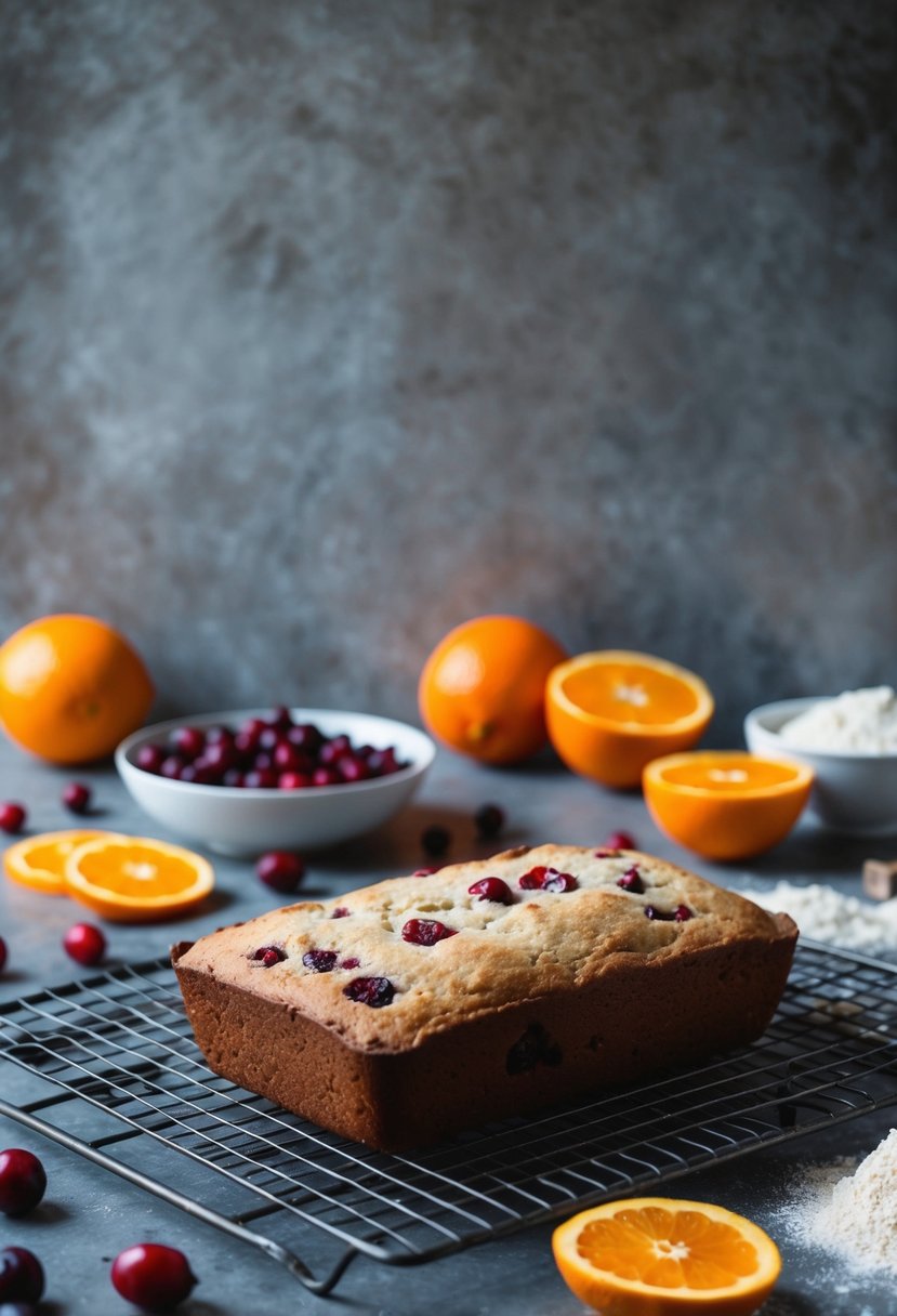 A rustic kitchen counter with a freshly baked cranberry orange bread cooling on a wire rack. Ingredients like cranberries, oranges, and flour are scattered around