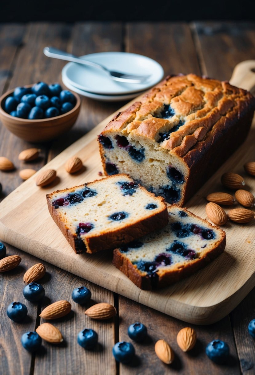 A rustic kitchen scene with a wooden cutting board, scattered almonds, blueberries, and a loaf of freshly baked almond blueberry bread