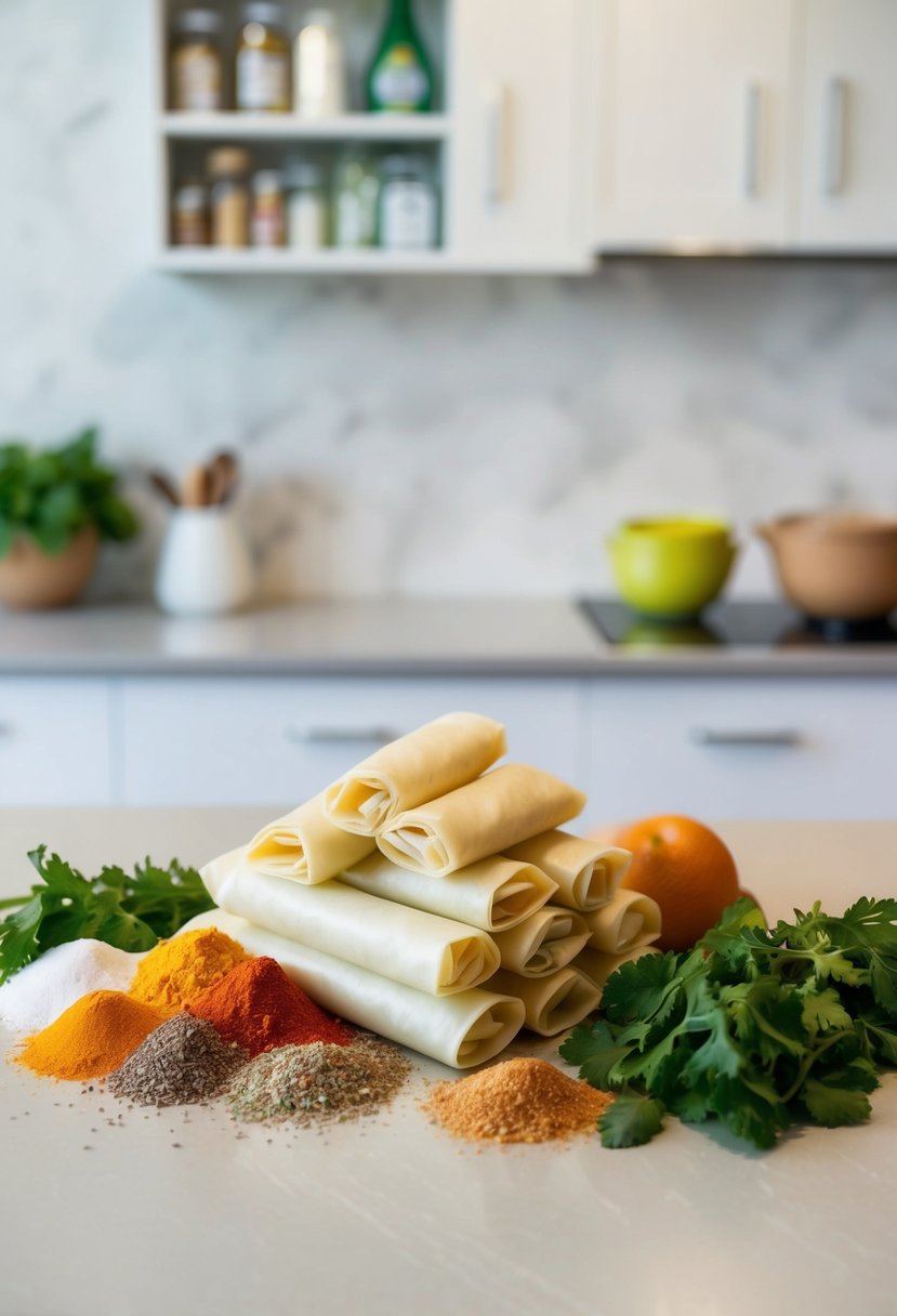 A variety of fresh ingredients and seasonings arranged around a stack of egg roll wrappers on a clean kitchen counter