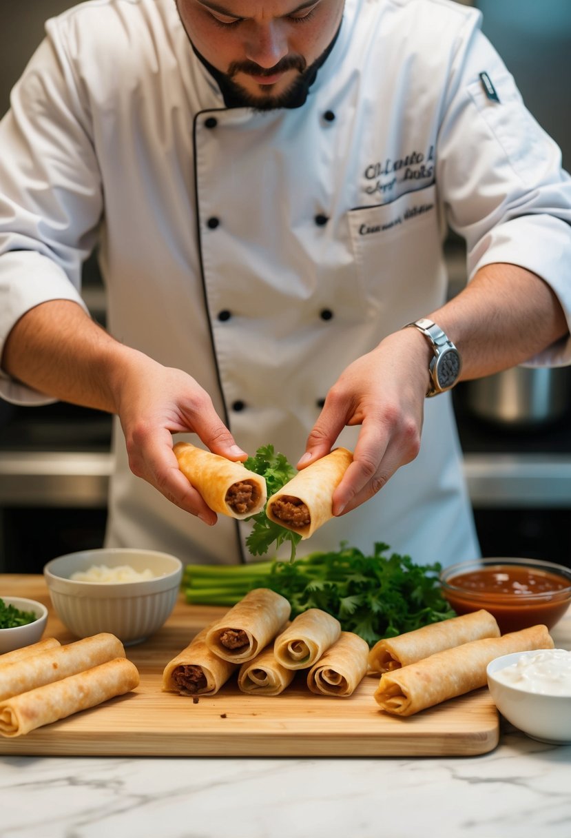 A chef prepares classic pork egg rolls with fresh ingredients and egg roll wrappers