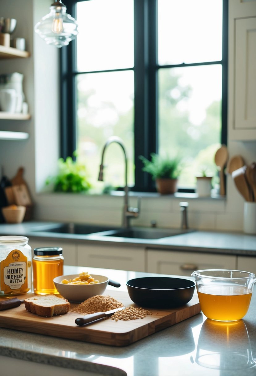 A kitchen counter with ingredients and utensils for making honey whole wheat quick bread