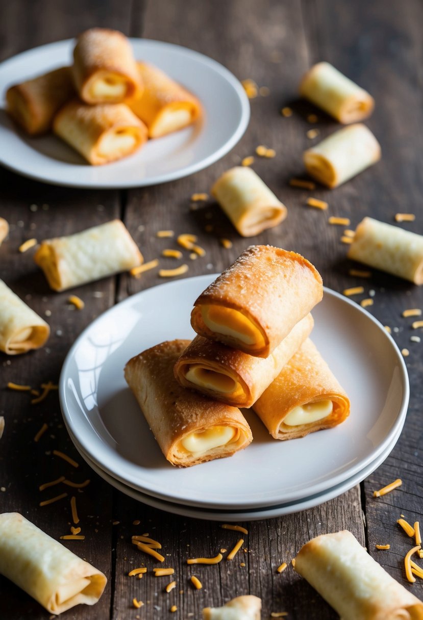 A plate of golden-brown cheesecake egg rolls on a rustic wooden table, surrounded by scattered egg roll wrapper recipes