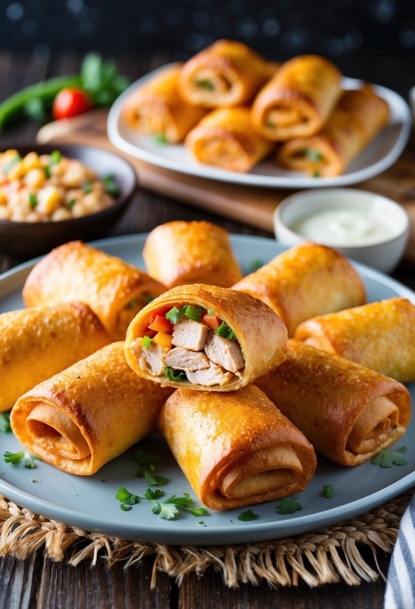 Golden brown egg rolls filled with southwest seasoned chicken and vegetables, arranged on a serving platter