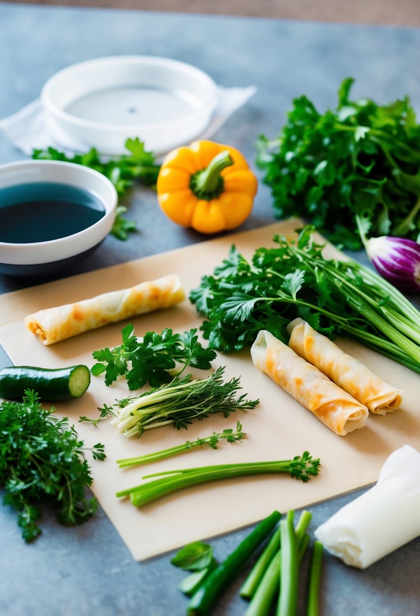 Fresh vegetables and herbs arranged on a clean work surface, surrounded by egg roll wrappers and a bowl of water for sealing