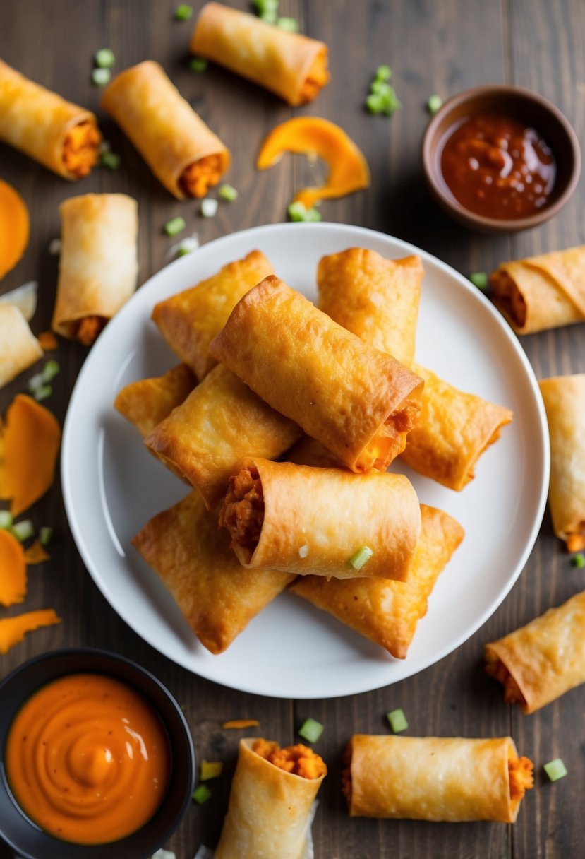 A plate of golden-brown Buffalo Chicken Egg Rolls, surrounded by scattered egg roll wrappers and a small bowl of dipping sauce