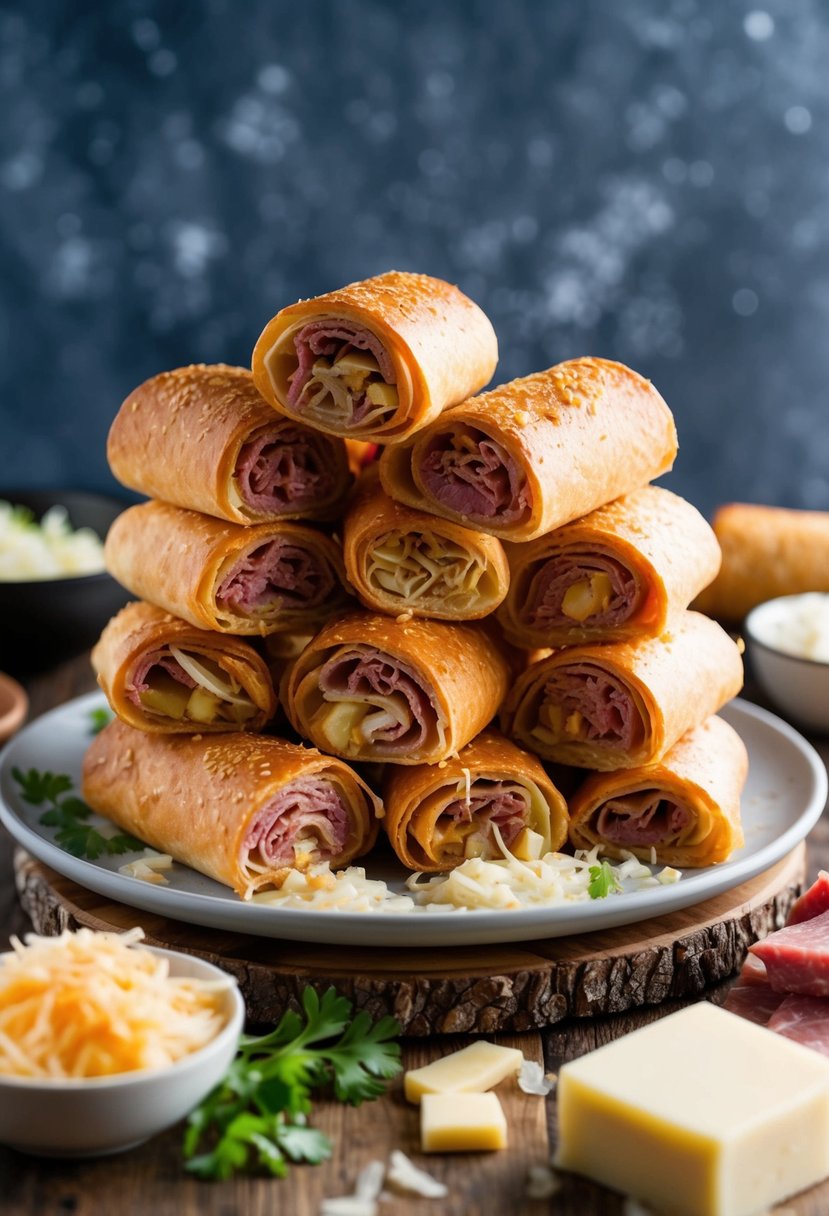 A stack of Reuben Egg Rolls on a serving platter, surrounded by ingredients like sauerkraut, Swiss cheese, and corned beef