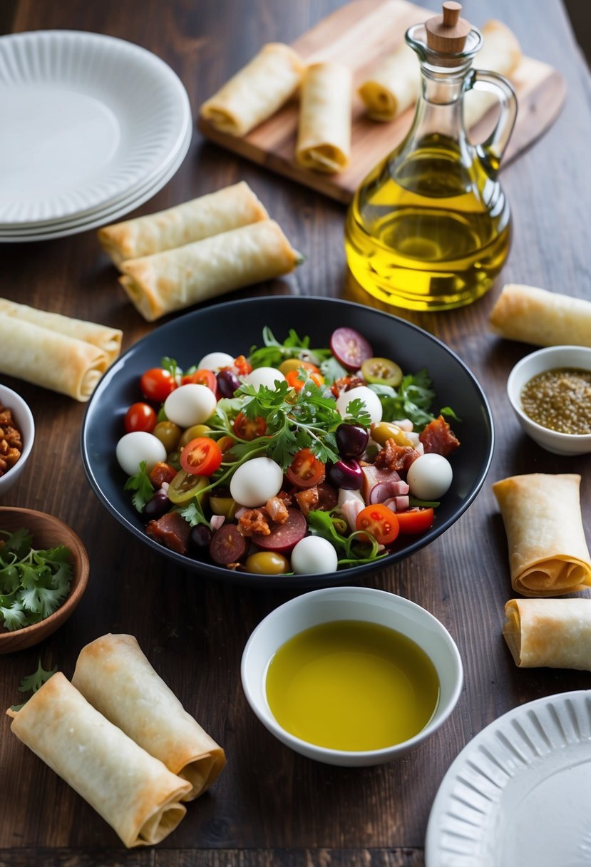 A table spread with antipasto ingredients, surrounded by egg roll wrappers and a bowl of olive oil for making antipasto egg rolls