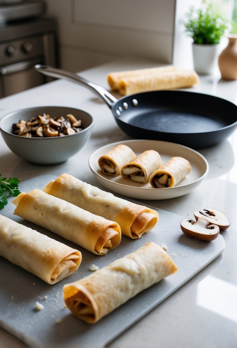 Mushroom and Swiss Egg Rolls being prepared on a clean kitchen counter, with a bowl of filling, egg roll wrappers, and a frying pan