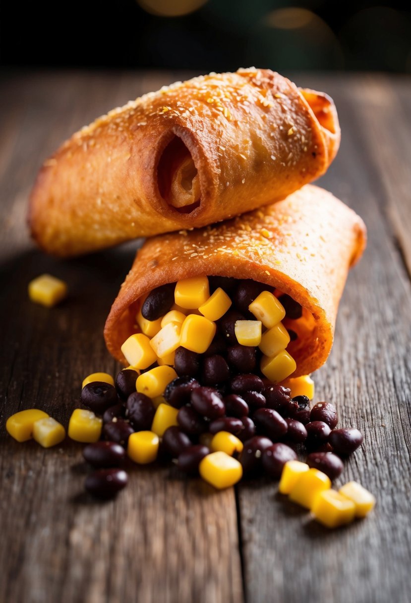 Freshly fried egg rolls with black beans and corn spilling out