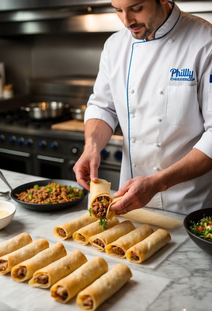 A chef prepares Philly Cheesesteak Egg Rolls, laying out egg roll wrappers and filling them with savory ingredients