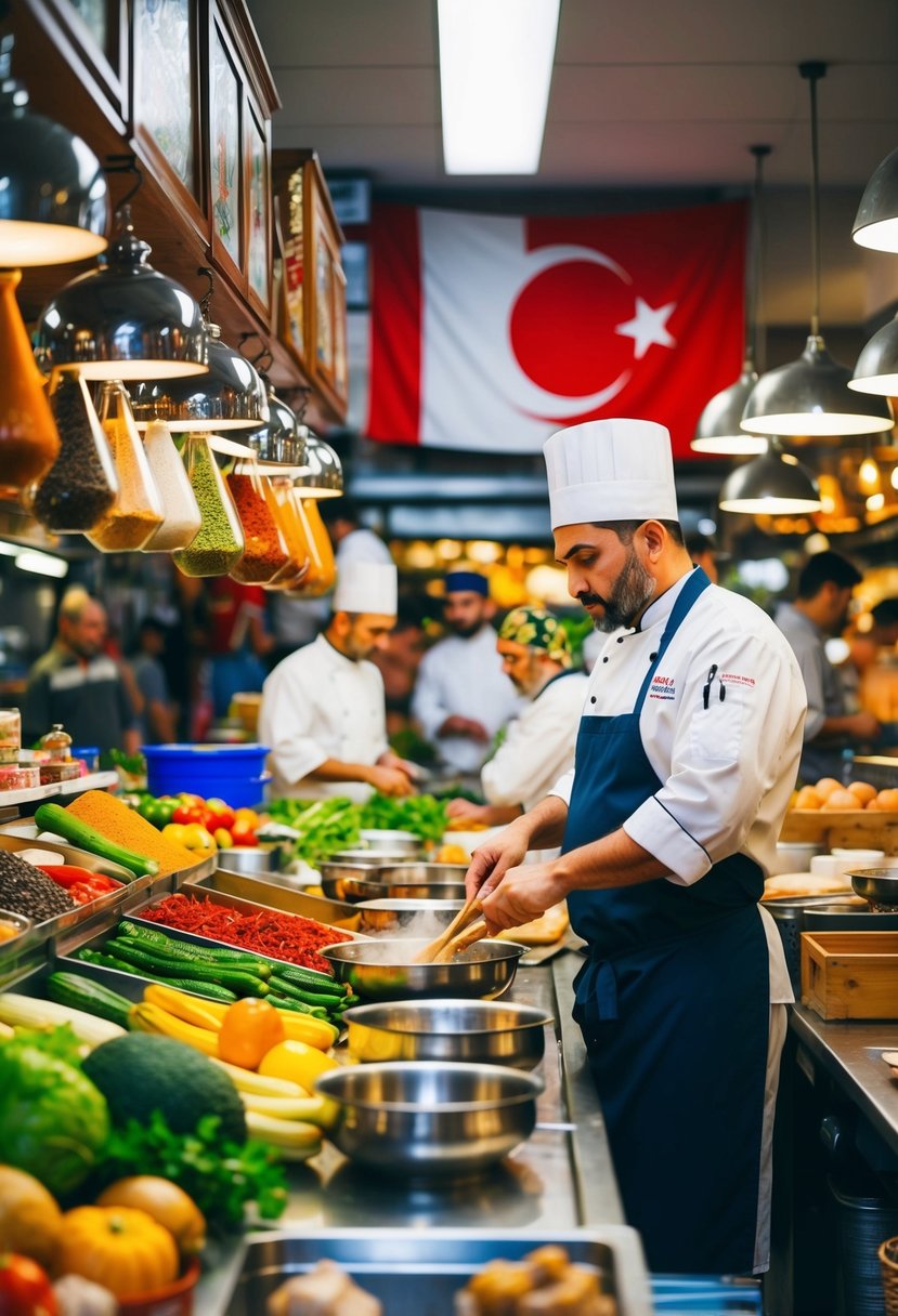 A bustling Turkish marketplace with colorful spices, fresh produce, and traditional cookware on display. A chef expertly prepares a dish in a busy kitchen