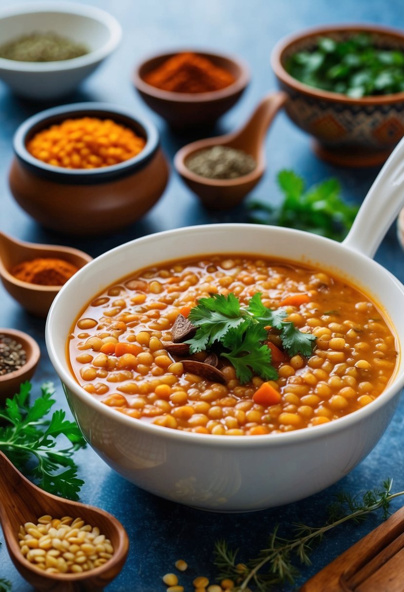 A steaming bowl of red lentil soup surrounded by traditional Turkish spices and herbs