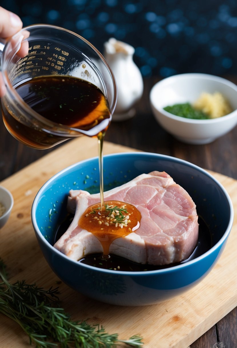 A pork chop being marinated in a bowl with a mixture of soy sauce, honey, garlic, and herbs