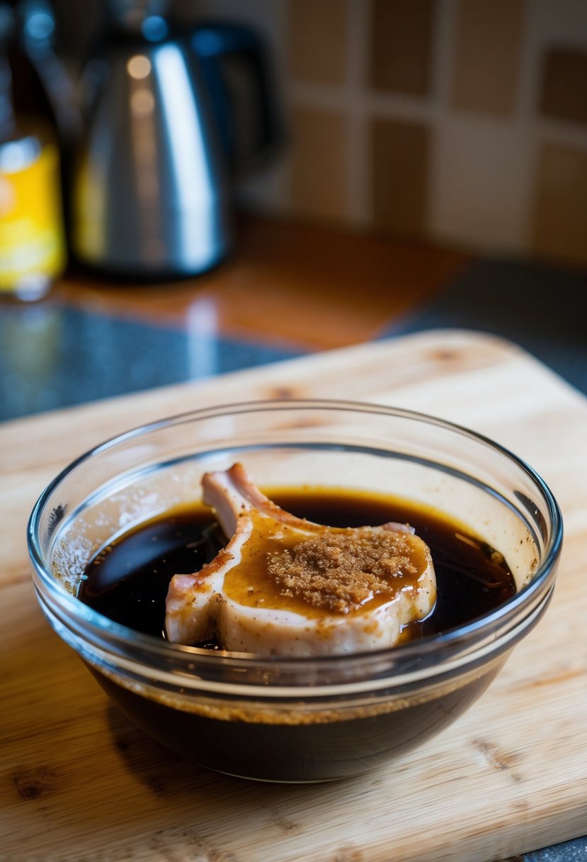 A pork chop soaking in a mixture of soy sauce and brown sugar in a glass bowl on a wooden kitchen counter