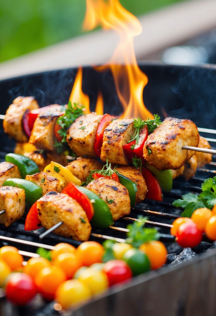 A sizzling chicken shish kebab on a skewer, surrounded by colorful vegetables and herbs, grilling over open flames