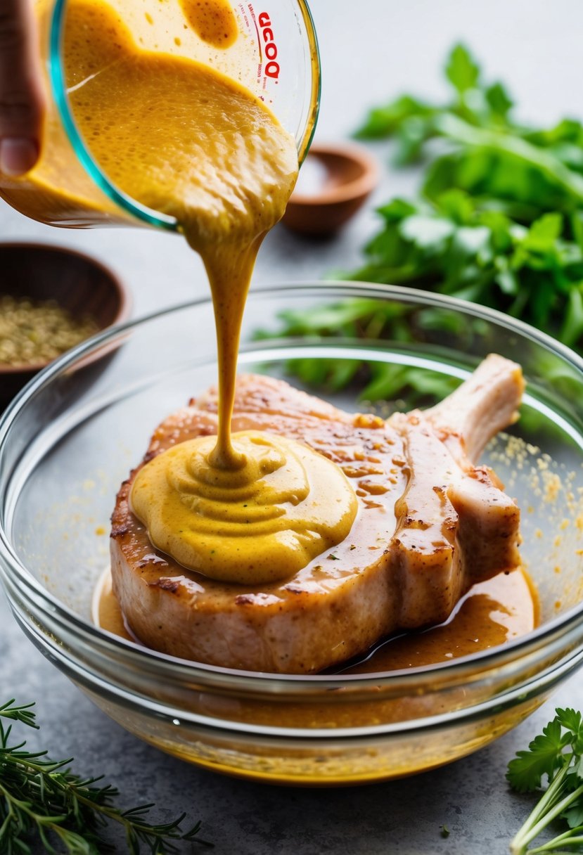 A juicy pork chop being coated in a spicy brown mustard marinade in a glass bowl, surrounded by fresh herbs and seasonings