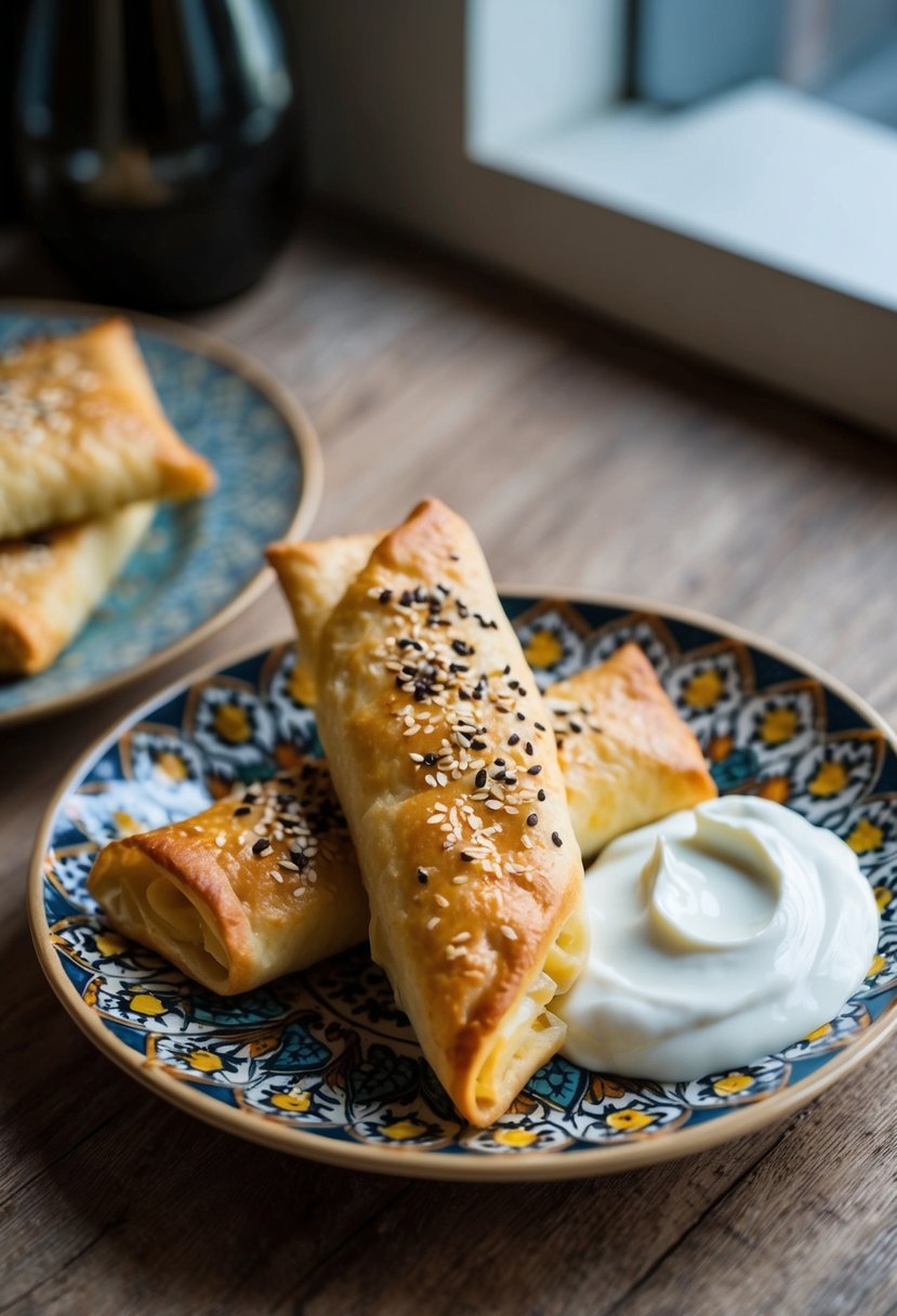 A golden, flaky Turkish Börek with Cheese, garnished with sesame seeds, sits on a patterned ceramic plate next to a dollop of creamy yogurt