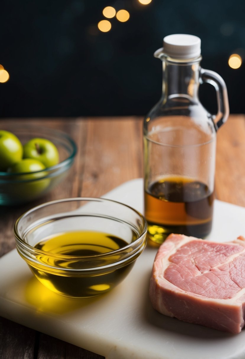 A glass bowl filled with olive oil and apple cider vinegar, next to a raw pork chop on a cutting board