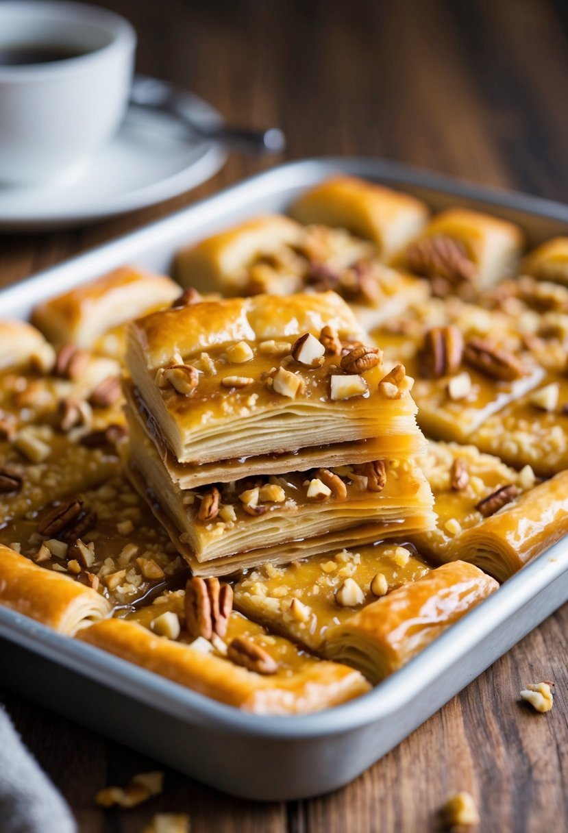 A tray of baklava soaked in golden syrup, with layers of flaky pastry and chopped nuts