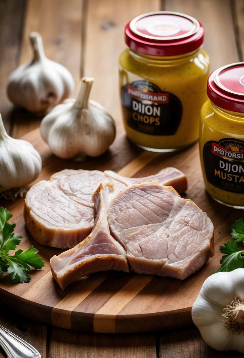 Pork chops surrounded by garlic bulbs and Dijon mustard jars on a wooden cutting board