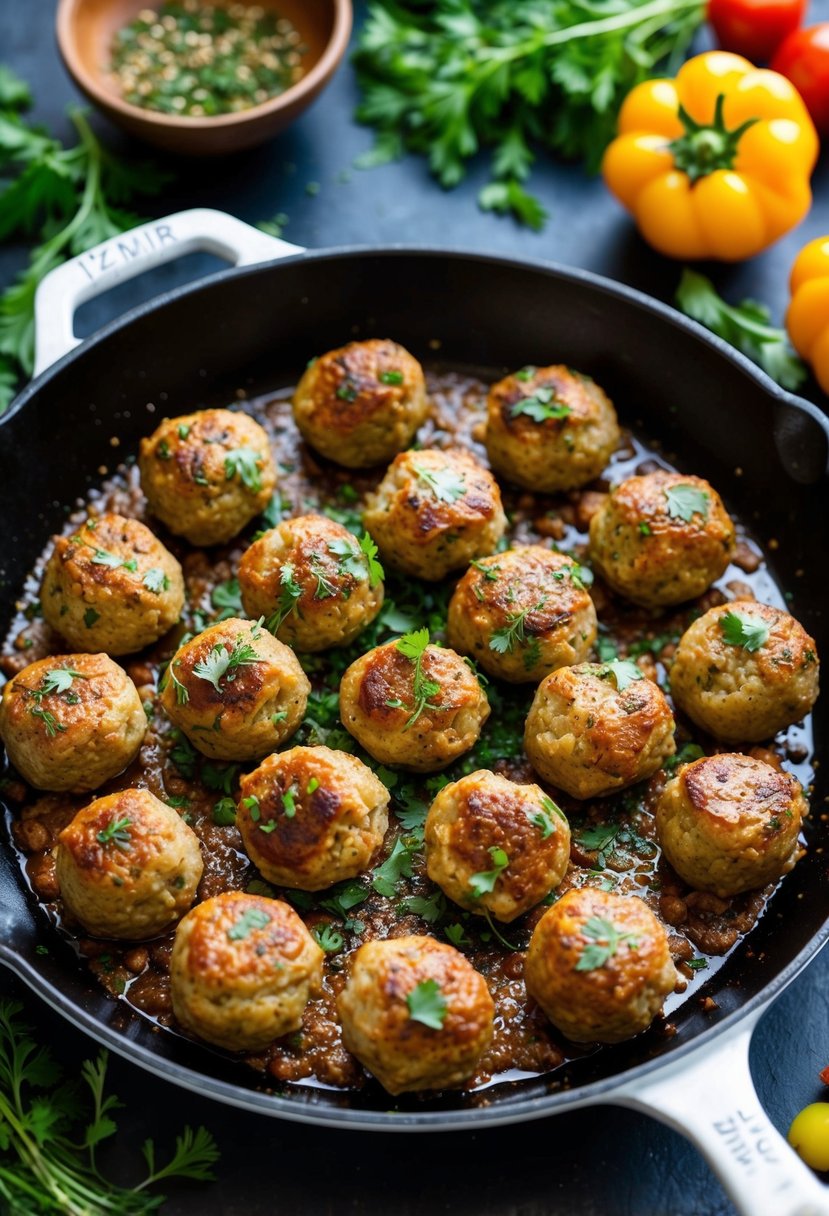 A sizzling skillet of Izmir style meatballs surrounded by vibrant herbs and spices