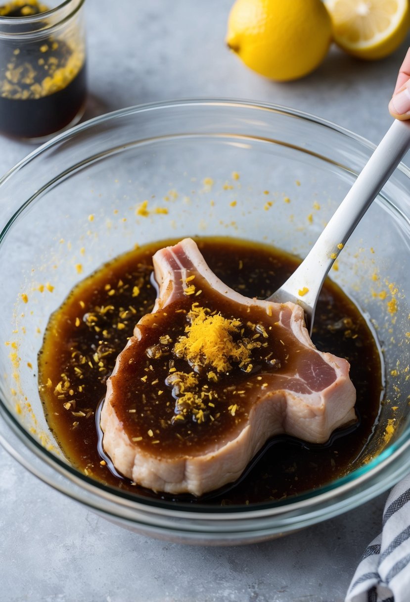 A pork chop being marinated in a dark brown sugar and lemon zest mixture in a glass bowl