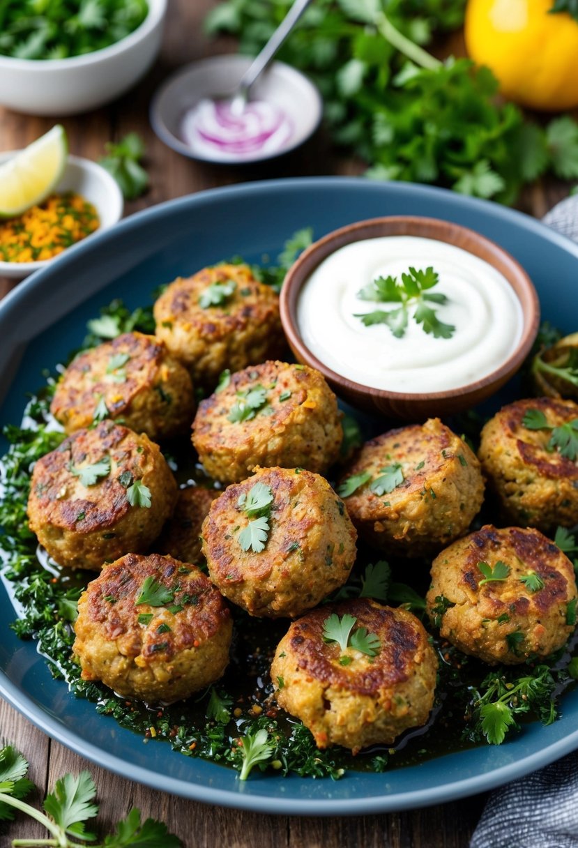 A platter of sizzling lamb koftas, surrounded by vibrant herbs and spices, with a side of tangy yogurt sauce