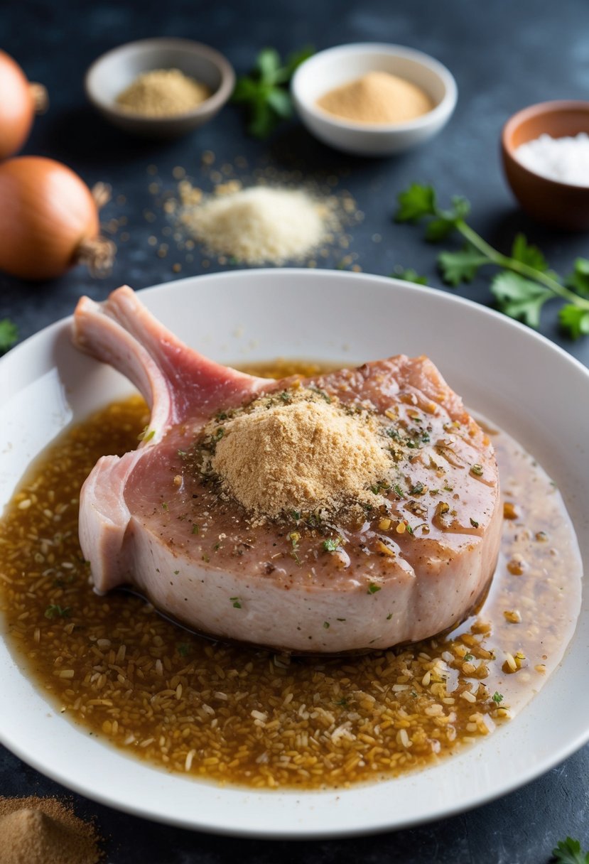 A pork chop being marinated in a mixture of Worcestershire and onion powder, with various ingredients scattered around