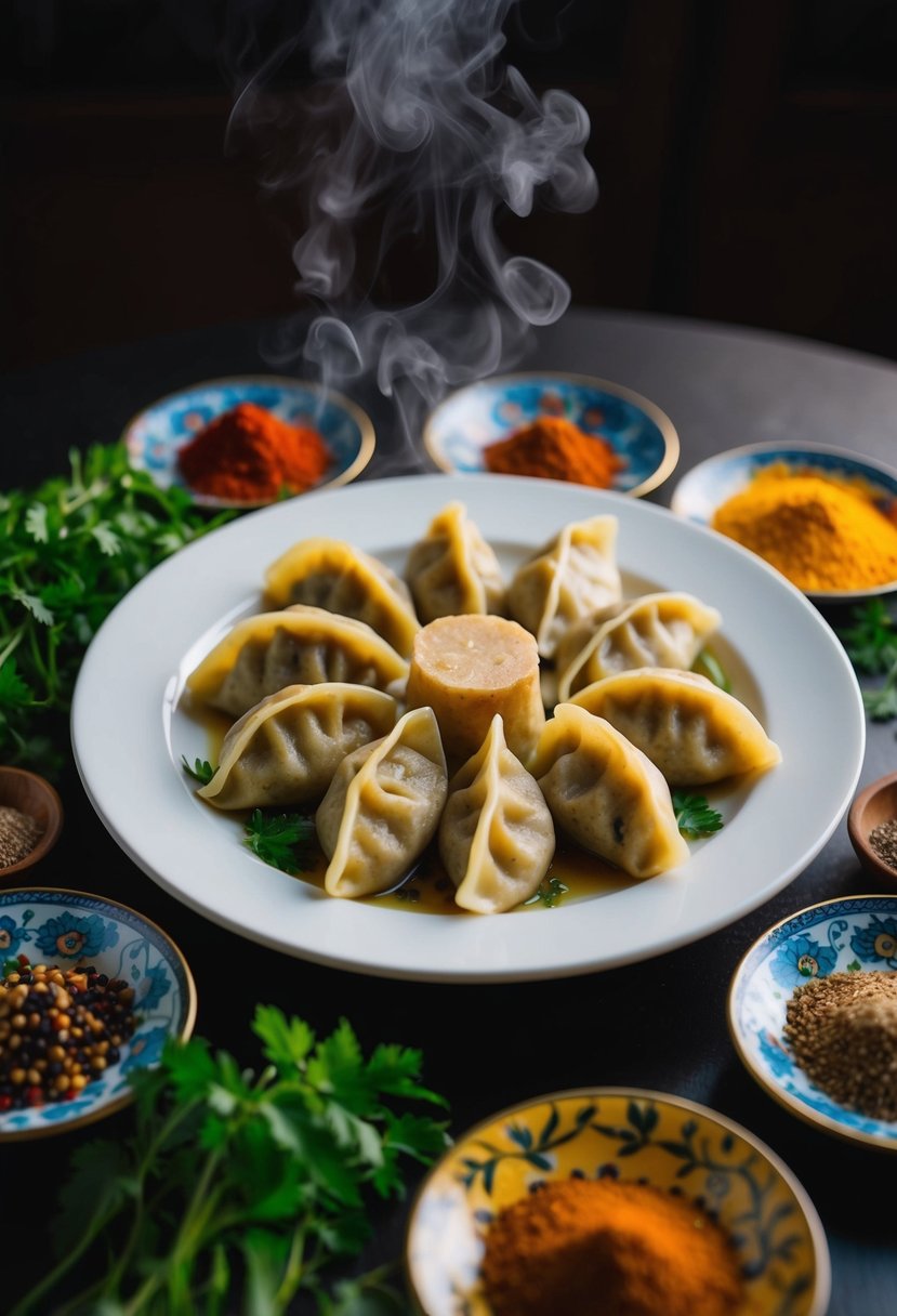 A table set with a steaming plate of Turkish manti dumplings, surrounded by colorful spices and fresh herbs