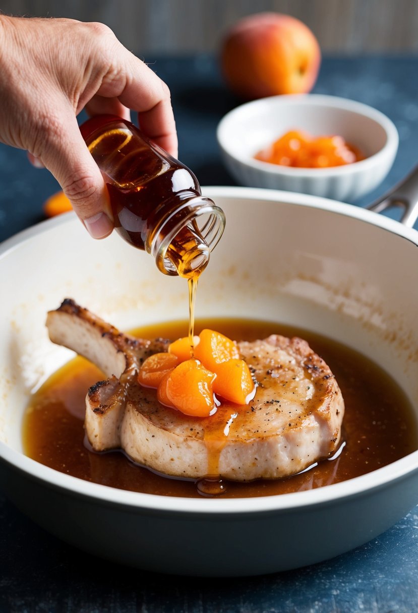 A pork chop being marinated in a mixture of maple syrup and apricot preserves