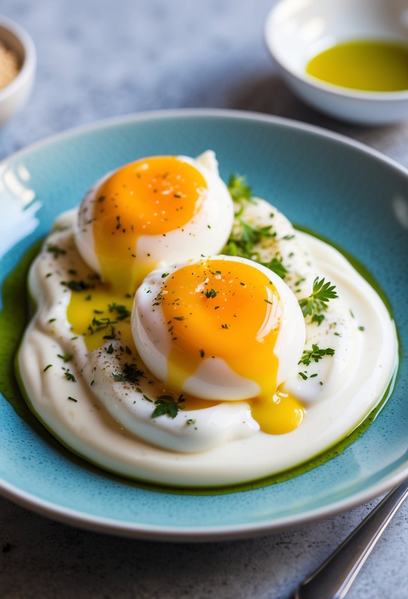 Two poached eggs on a bed of creamy yogurt, garnished with a sprinkle of herbs and a drizzle of olive oil