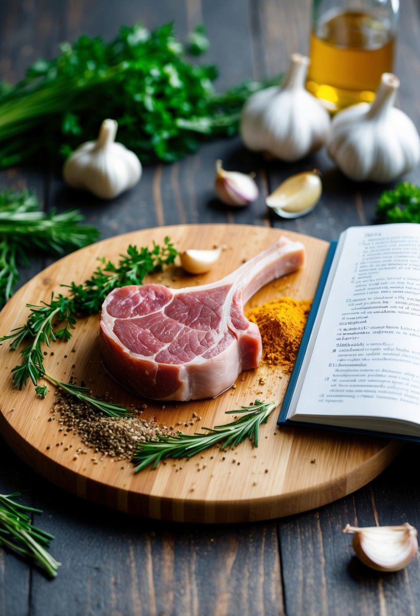 A wooden cutting board with fresh herbs, garlic, and spices scattered around a raw pork chop. An open recipe book lies nearby