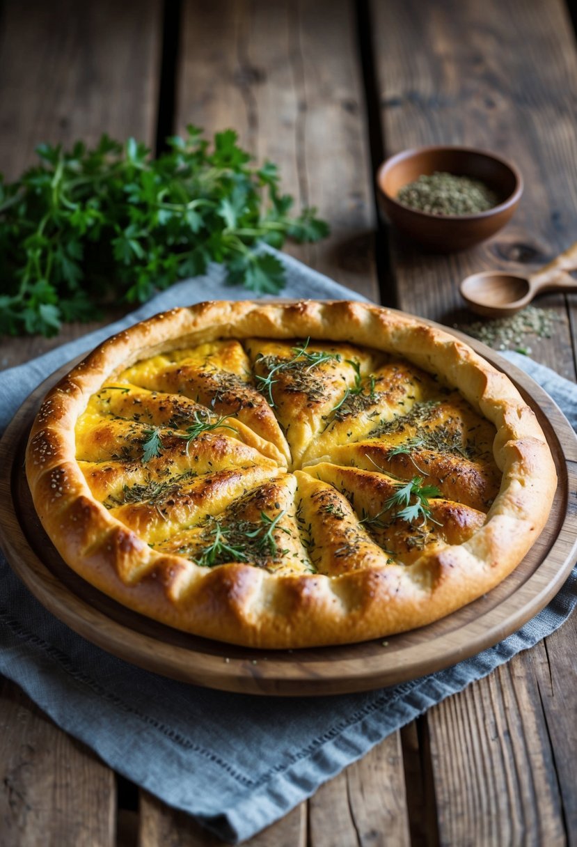 A rustic wooden table set with a freshly baked Turkish Pide, golden and crispy, topped with fragrant herbs and spices