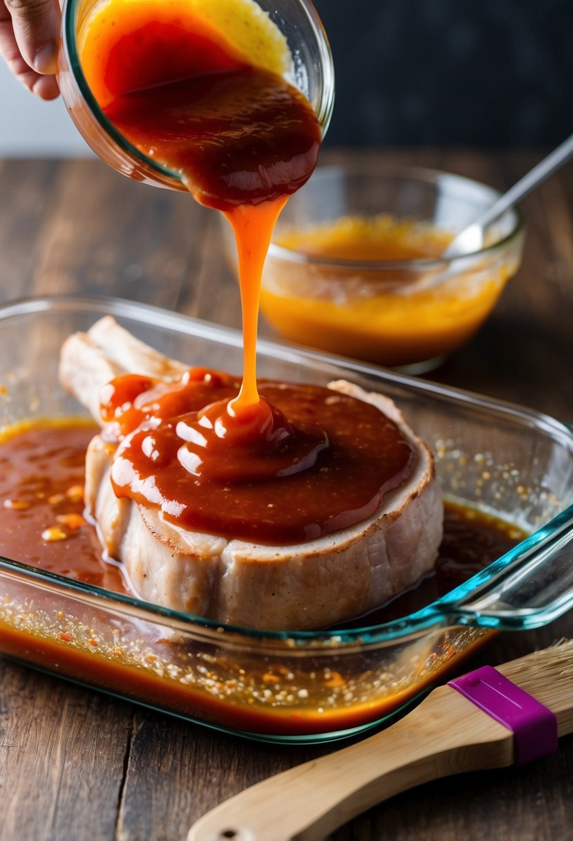 A pork chop being marinated in a mixture of ketchup and Worcestershire sauce in a glass dish, with a brush next to it