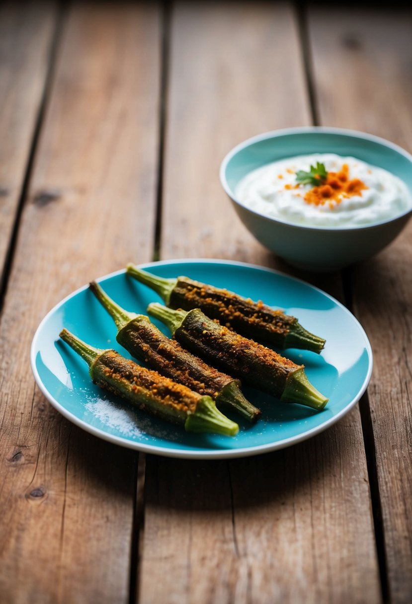 A plate of crispy okra sits next to a bowl of yogurt, with a sprinkle of salt and paprika