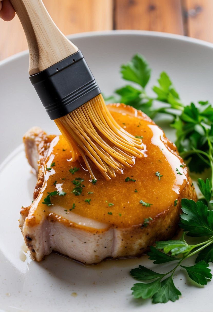 A pork chop being generously brushed with a glossy honey and parsley glaze, ready for marinating