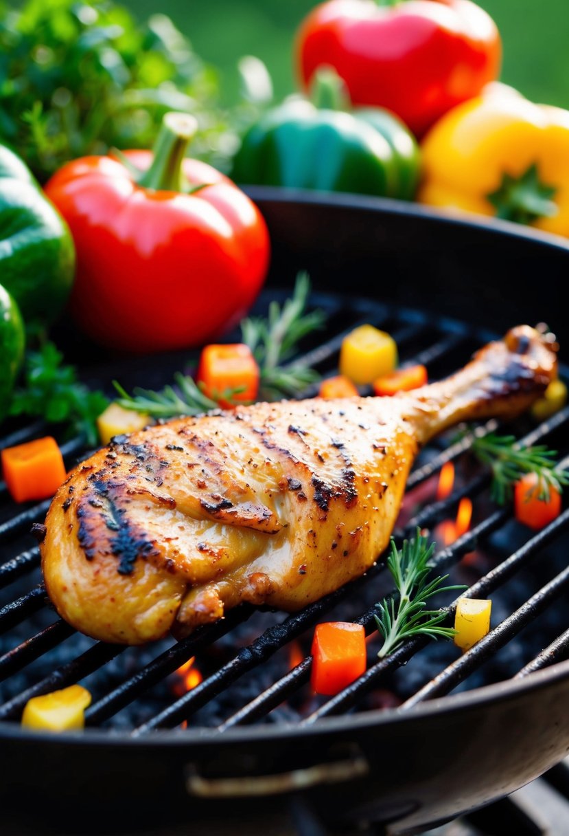 A sizzling chicken drumstick on a grill, surrounded by colorful vegetables and herbs