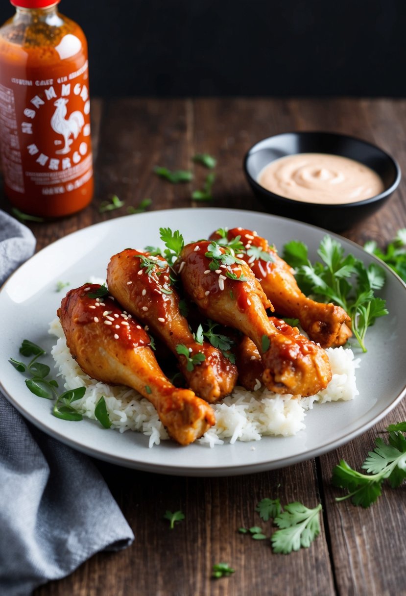 A plate of spicy Sriracha chicken drumsticks garnished with fresh herbs and served with a side of dipping sauce