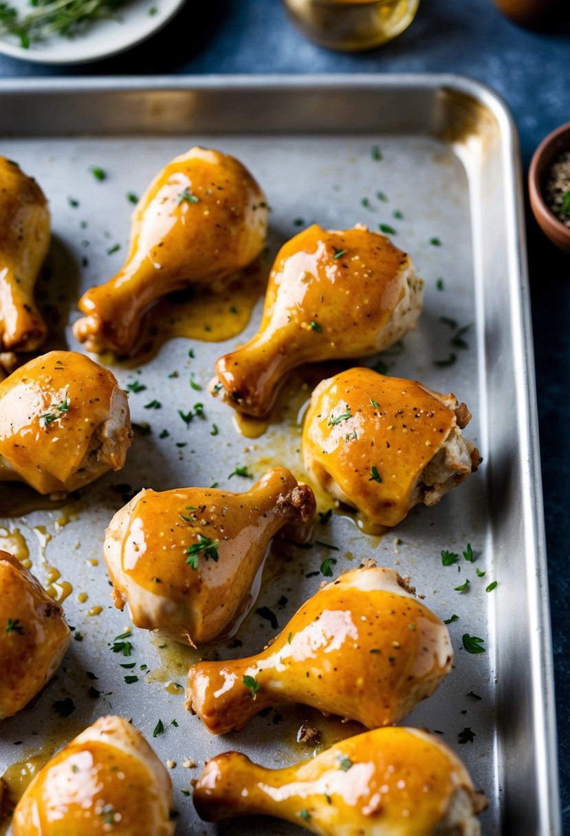 Chicken drumsticks coated in maple Dijon glaze, arranged on a baking tray with a sprinkle of herbs and spices