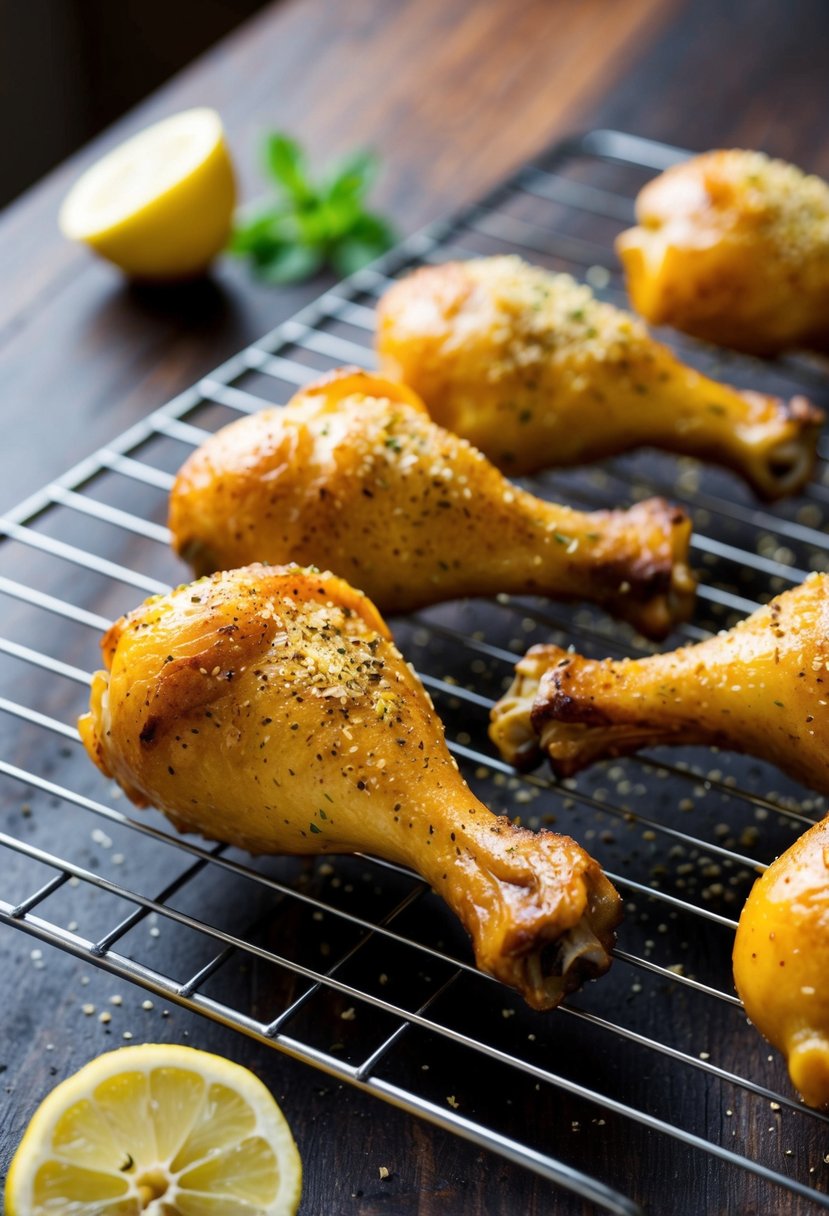 Golden drumsticks on a wire rack, sprinkled with zesty lemon pepper seasoning, ready to be baked