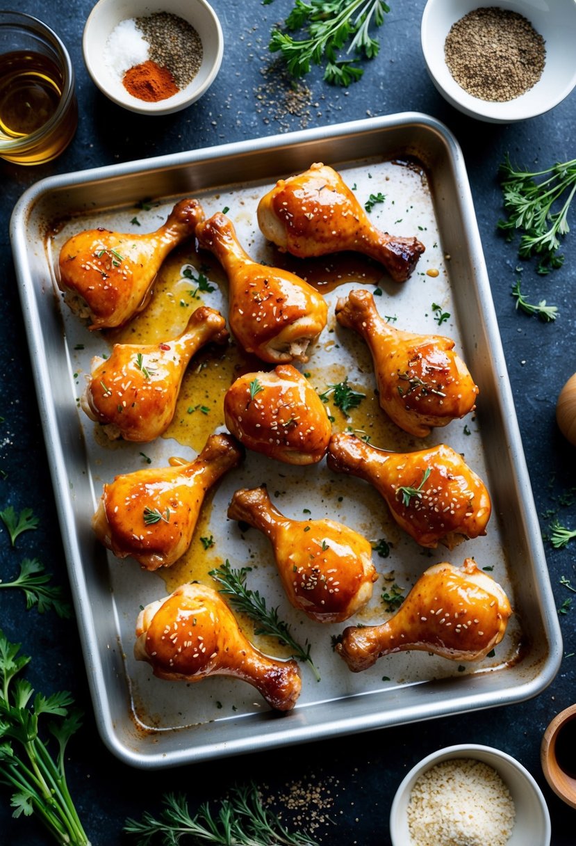 A baking tray filled with honey soy glazed chicken drumsticks, surrounded by scattered herbs and spices