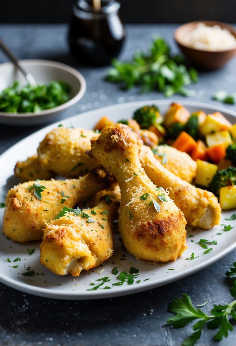 A platter of golden-brown garlic parmesan chicken drumsticks, garnished with fresh herbs and served with a side of roasted vegetables