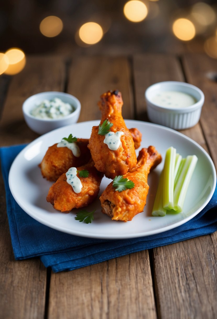 A plate of buffalo-style drumsticks with celery and blue cheese dressing on the side